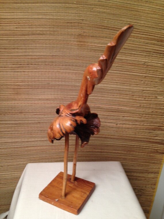 Vintage Bird Parasite Wood Carving Root Plumed Head  Art Sculpture Mushroom tree growth