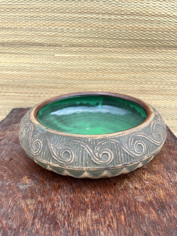 Antique Red Wing Stoneware Brushware Arts & Crafts Era Enamel Green Bowl