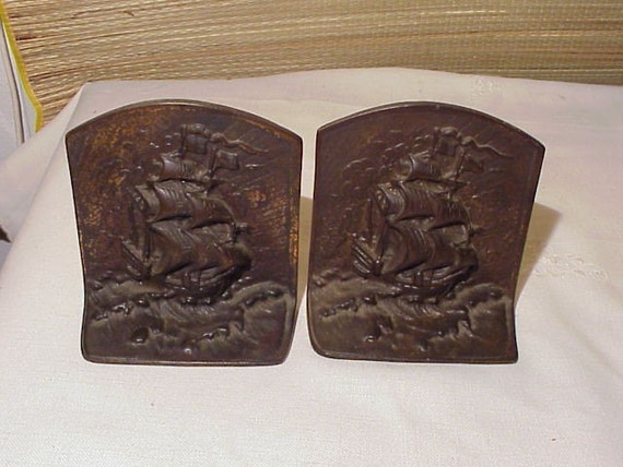 Signed ANTIQUE Arts & Crafts Sail Ship Metal Bookends