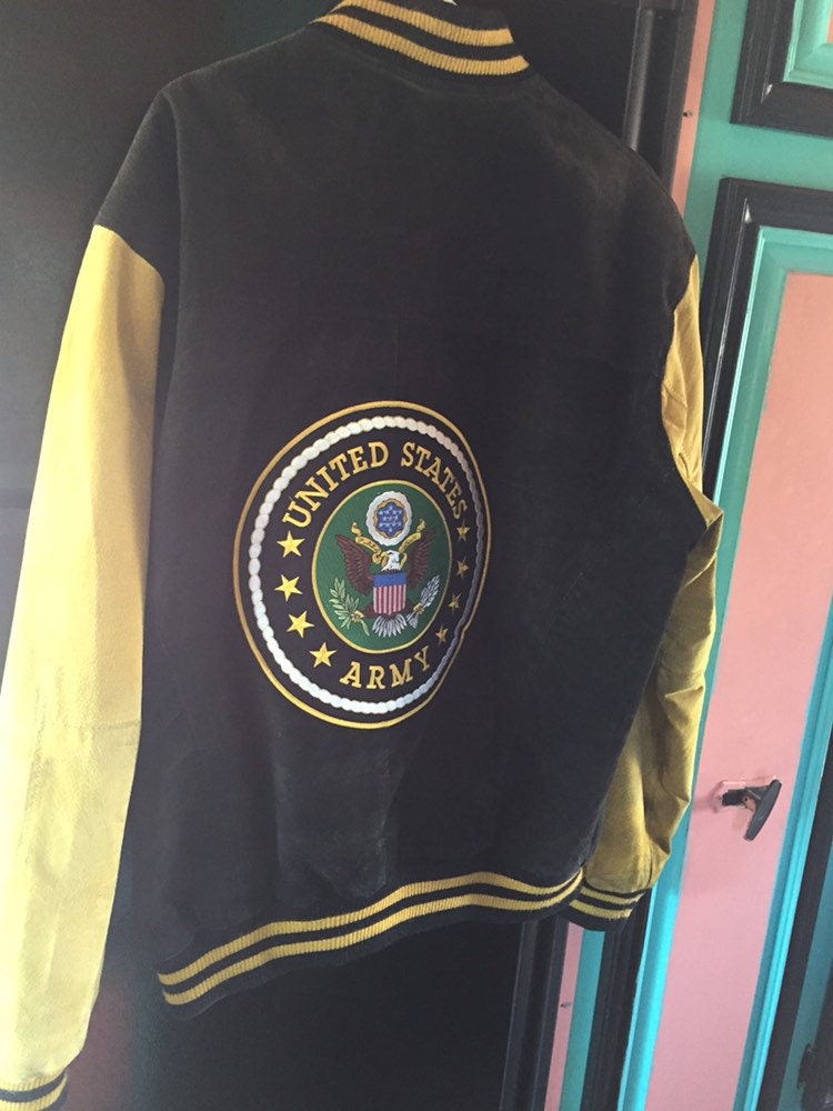 Vintage Leather U.S. Army Bomber Jacket Mens Large Black And Yellow size L Military