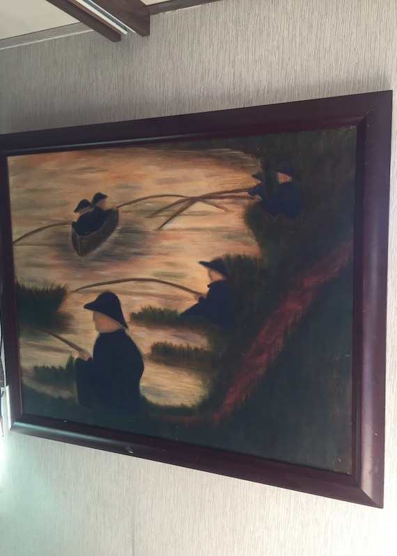 Vintage Original Oil Painting Impressionist Fisherman Framed Fishing ART Lake
