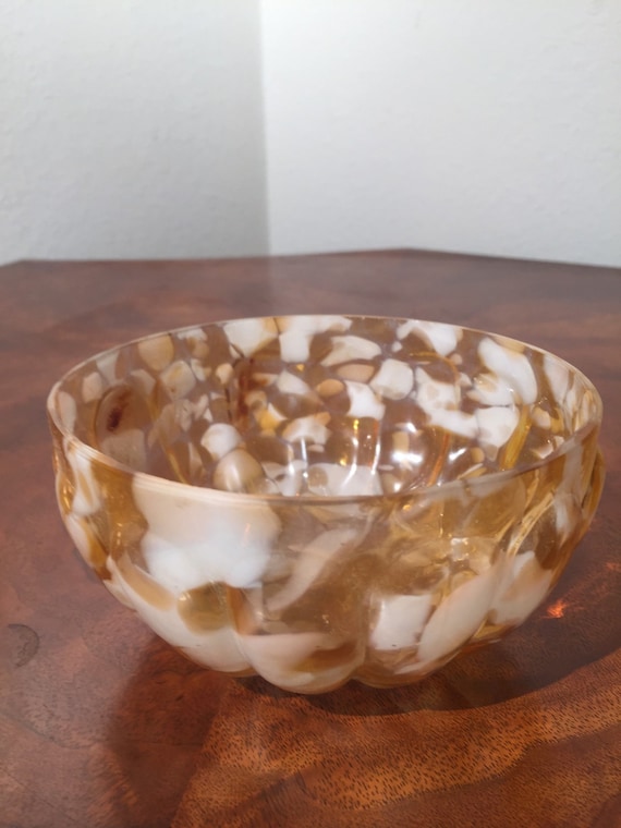 Antique Victorian Art Glass Hand-Made Finger Bowl Amber / Yellow Spatter 19th Century RARE
