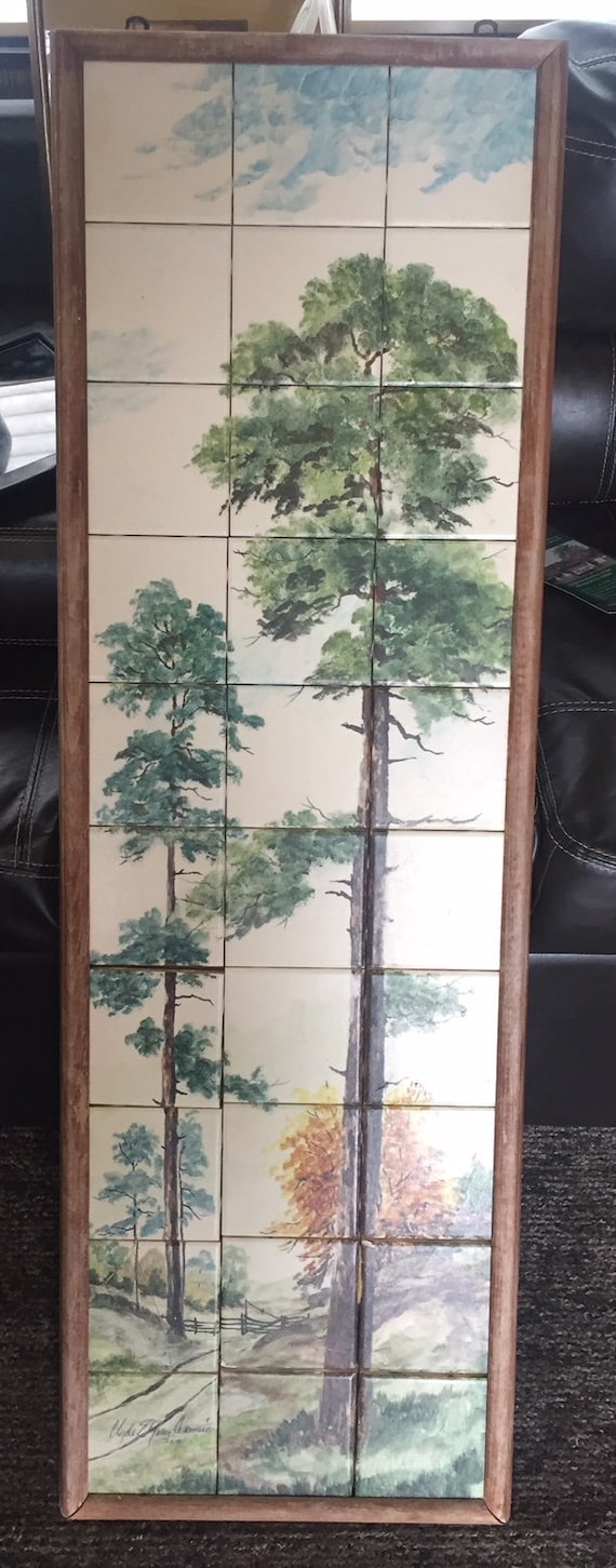 Rare Large Vintage Clyde E. Gray 30 Tile Art Painting Trees 1959