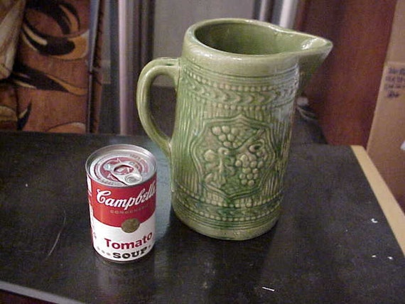 8" McCoy Green Salt Glaze Pottery Pitcher Grapes Leaf