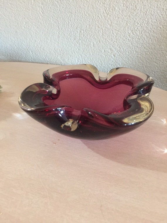 Mid Century Modern Murano Italy sommerso Art Glass Biomorphic Bowl Italy Purple