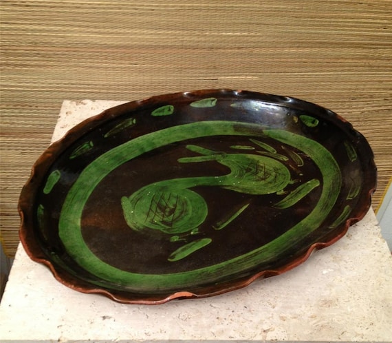 Large Vintage Mexican Tourist Pottery LARGE Platter Tray Birds Fantasia Mexico Folk Art