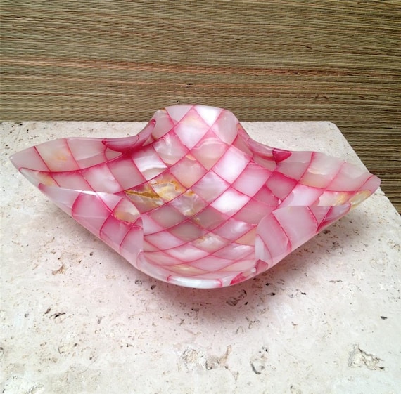 Vintage Onyx Bowl Patchwork Checkered Stone Ruffled Footed Bowl Pink