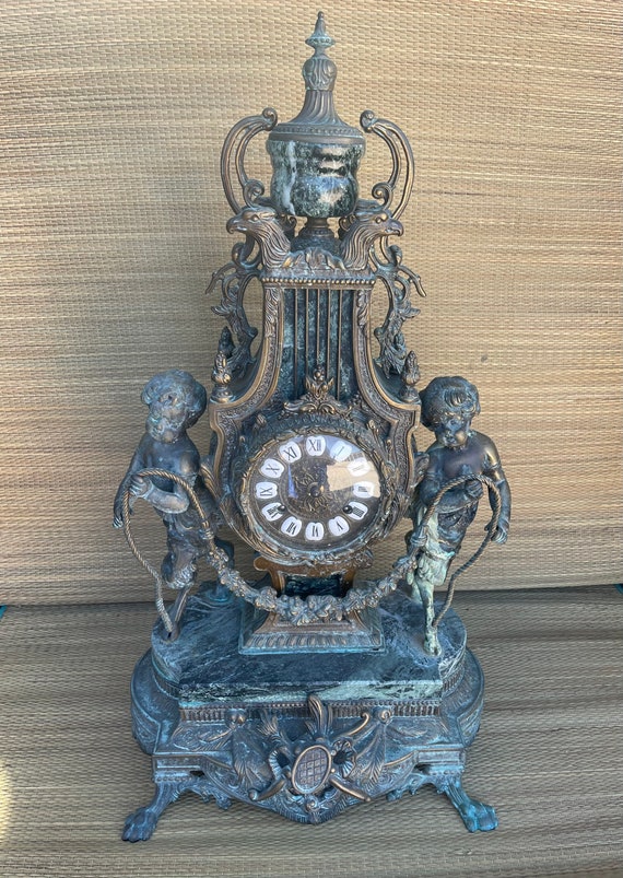 Vintage Ornate Brass and Marble Franz Hermle Mantle Clock Cherubs Italy Germany
