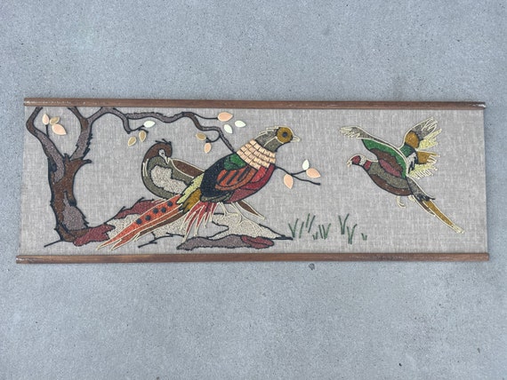 Vintage Mid Century Modern Wall Art Gravel Pebble Tile~Pheasant Birds #1
