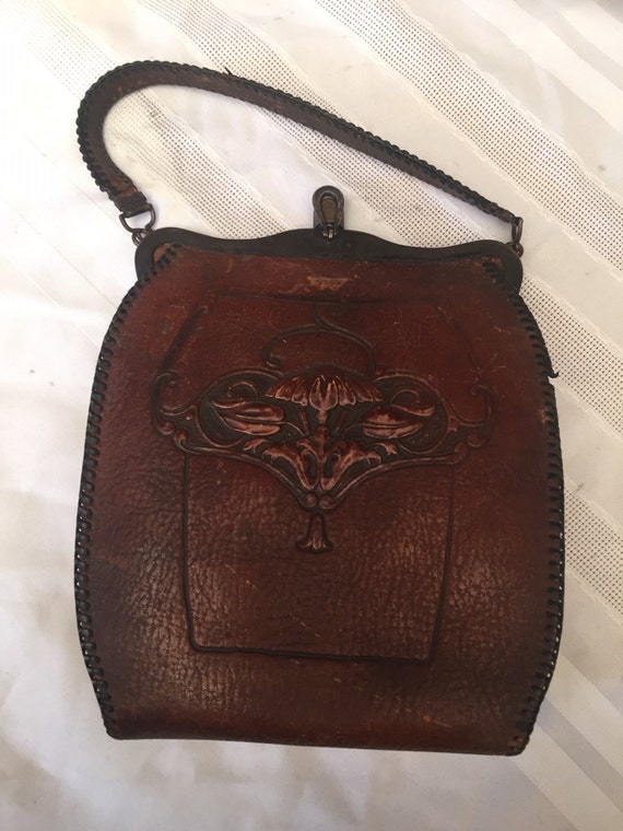Vintage Arts and Crafts Tooled Leather Purse by Bosco 1920's Art Nouveau Handbag