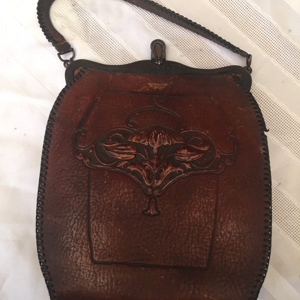 Vintage Arts and Crafts Tooled Leather Purse by Bosco 1920's Art Nouveau Handbag