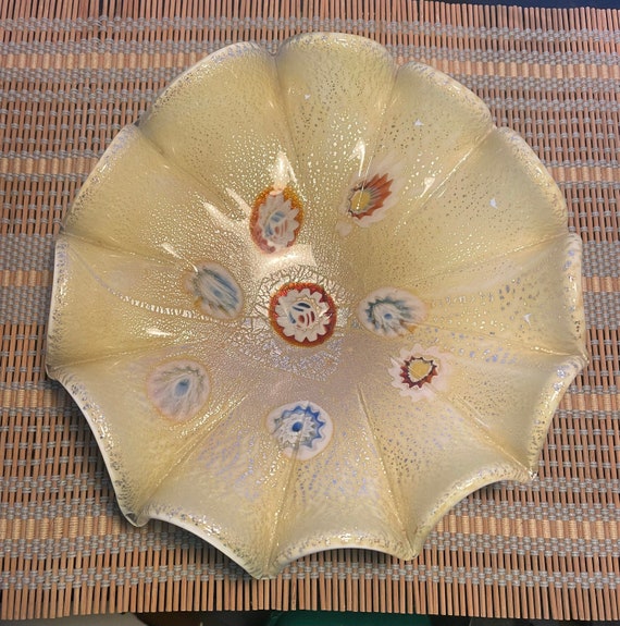Vintage Murano Art Glass Millefiori Ruffled Rim Bowl Tutti Frutti 9 1/2”