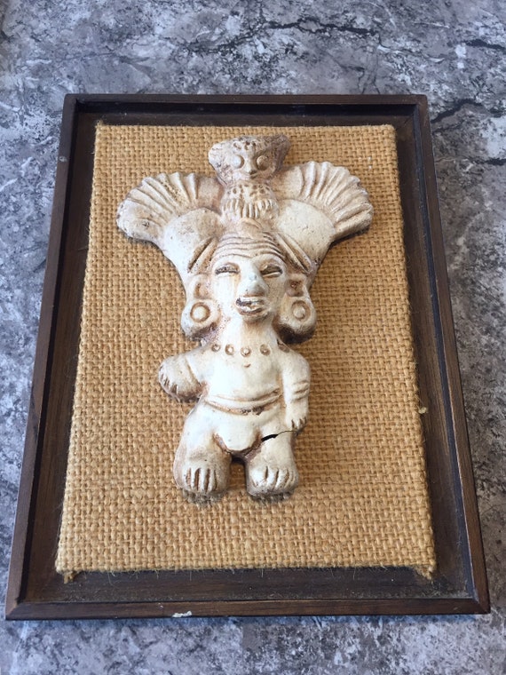Vintage Mexican Aztec Myan Pottery Figure Framed Colombian ART Folk