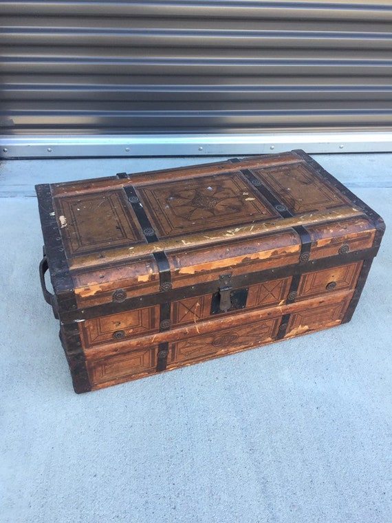 Antique Wood Chest Metal Straps Patented Treaure Box Wood Handles Trunk