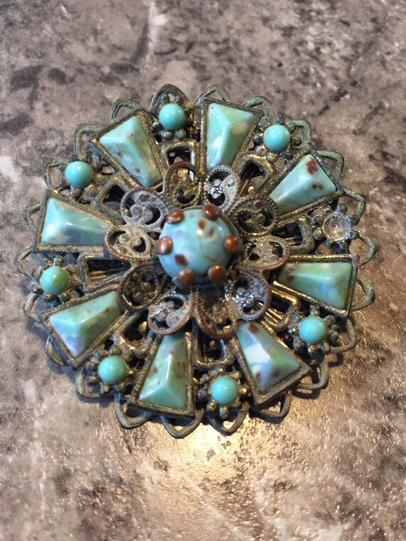 Vintage Silver Filigree and Turquoise Brooch Pin Estate Find Selini