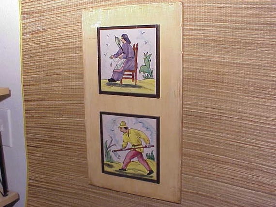 Early Vintage Wall Art Tile Set Framed Folk Pictorial c