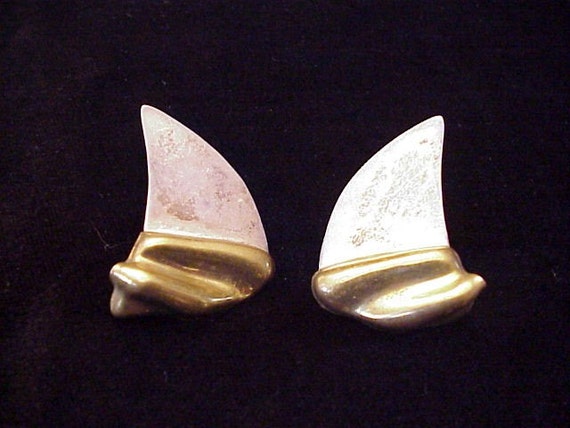Vintage Mexican Modernist Sterling Silver and Brass  Shark Fin Earrings .925