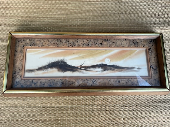 Original Watercolor Painting By Jan Kelley Seascape Beach ART 1970’s Cork Frame