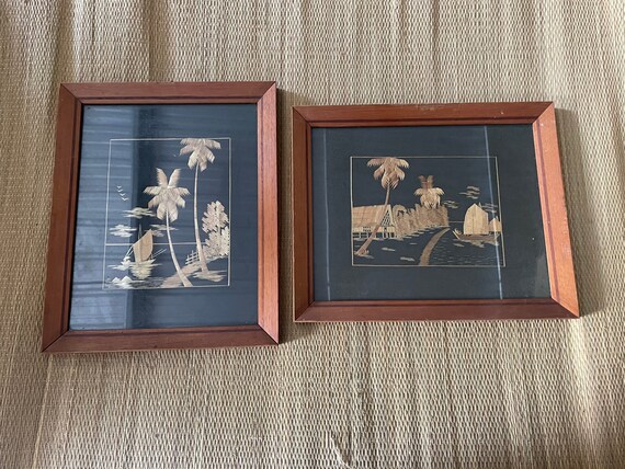 2 Vintage Malaya Straw Art Borneo Wood Framed Wall Hanging Asian Fook Wah