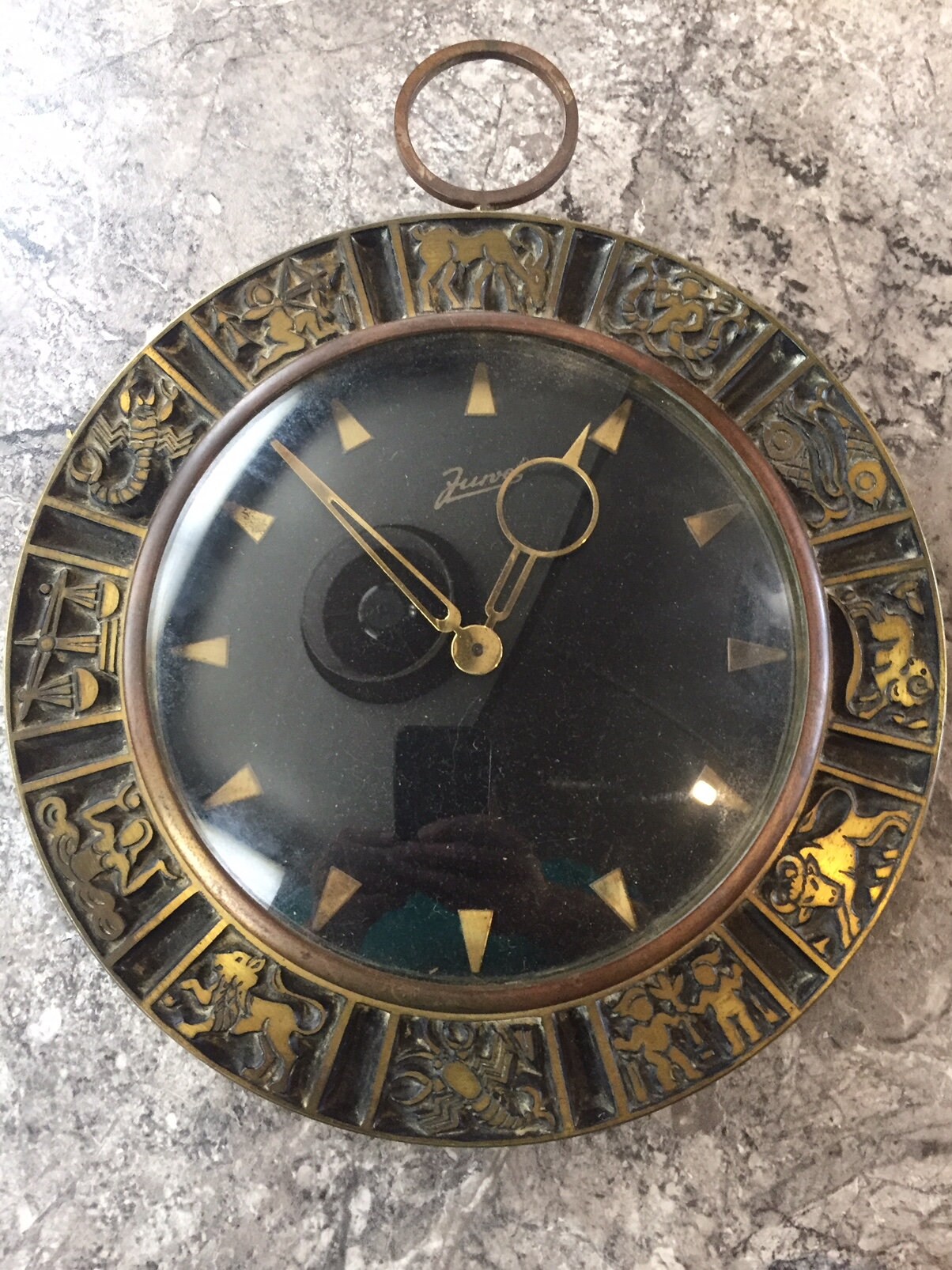 Rare Vintage ZODIAC Wall Clock Brass Jurvel Astrology Wind up WORKS 1950's