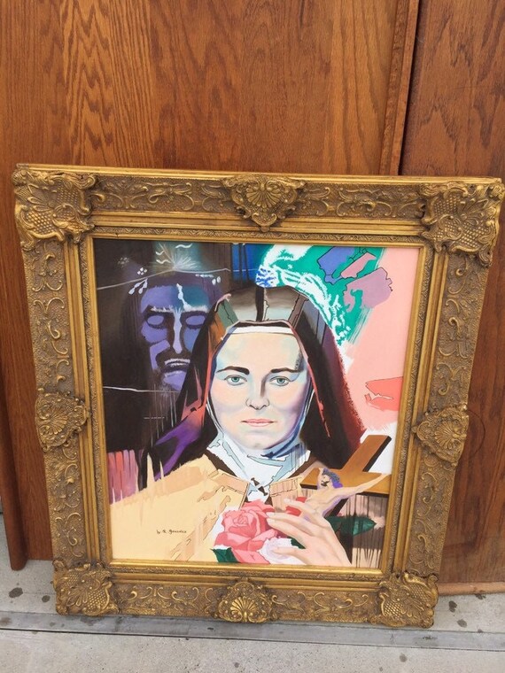 Vintage Original Painting R. Gonzalez Art Framed Ornate Religious Jesus Christ Cross