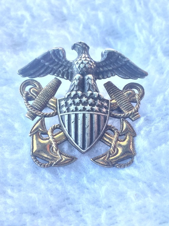 Vintage US Navy overseas hat badge  * GEMSCO * Sterling & 1/20 10K Gold TGE