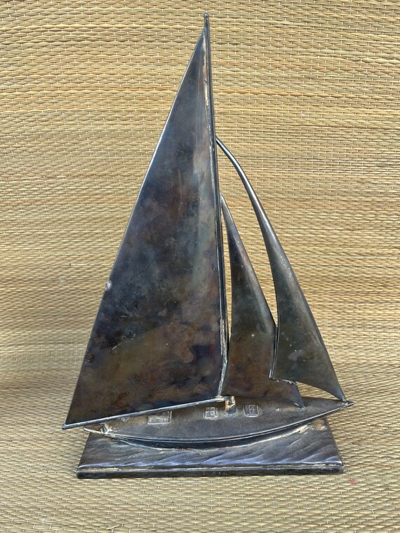 Large 12” Vintage Silver Plated Scale Model Sailboat Ship JB 448 Art Sculpture
