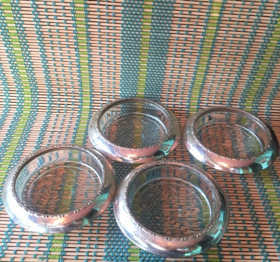 Set of 4 Vintage Amston Sterling Silver 144 Glass Coasters Stamped