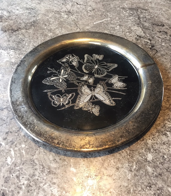 Oneida Silverplated Butterfly Tray Silver & Black Overlaid Floral