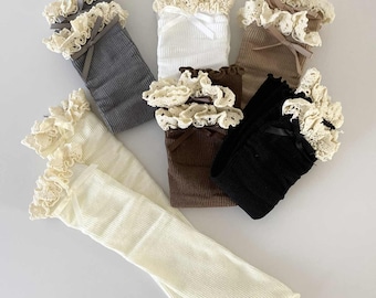 Vintage Style Knee-High Socks for Girls, wear with elegant lace trim,Gift-ready packaging included,Autumn baby gear, girl gift Baby shower