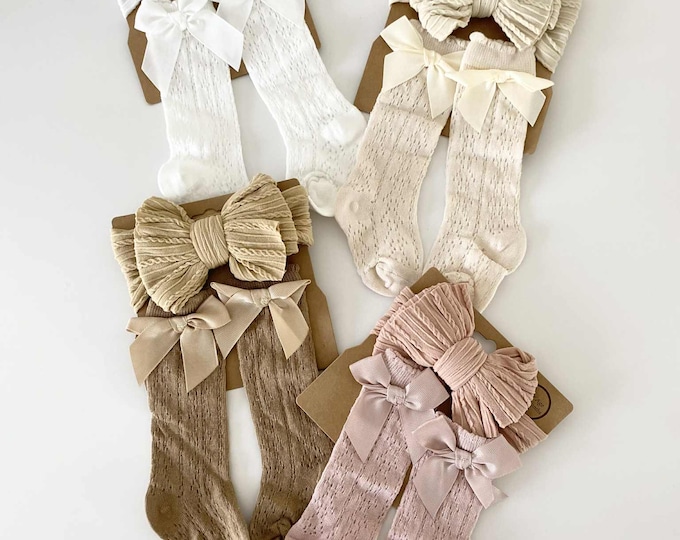 Featured listing image: Baby Headband and Socks Set ,Autumn baby gear,Big Bow Headband,Newborn Bow Headband,Newborn headband for Baby girl gift Baby shower