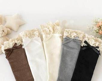 Vintage Style Knee-High Socks for Girls, wear with elegant lace trim,Gift-ready packaging included,Autumn baby gear, girl gift Baby shower