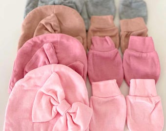 Newborn Baby Girl Hat and Mittens Set-Fall Baby Beanie with Large Bow,Soft Infant Accessories, Baby Shower Gift,Coming Home Outfit, 4 Colors