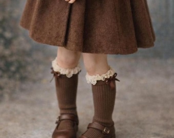 Vintage Style Knee-High Socks for Girls, wear with elegant lace trim,Gift-ready packaging included,Autumn baby gear, girl gift Baby shower