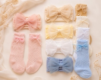 Baby Headband and Socks Set ,Sommer baby gear,Big Bow Headband,Newborn Bow Headband,Newborn headband for Baby girl gift Baby shower