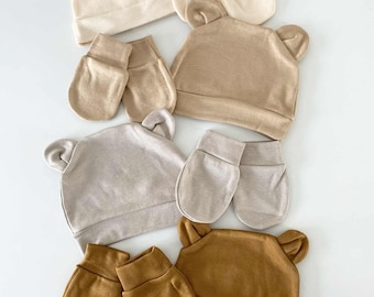 Baby Boy Hat and Mittens Set,Autumn baby gear,Earthy colors,Newborn set for Baby boy gift Baby shower baby accessories Baby shower present