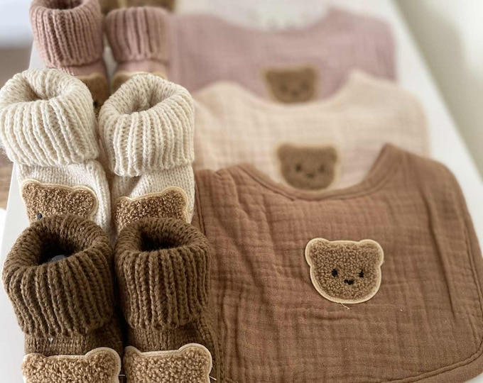 Featured listing image: Baby Bib and Knitted Booties Set with Bear, Autumn baby gear, Baby girl and boy gift Baby shower newborn gift set knitted baby booties
