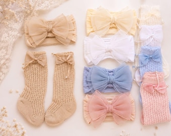 Baby Headband and Socks Set ,Sommer baby gear,Big Bow Headband,Newborn Bow Headband,Newborn headband for Baby girl gift Baby shower