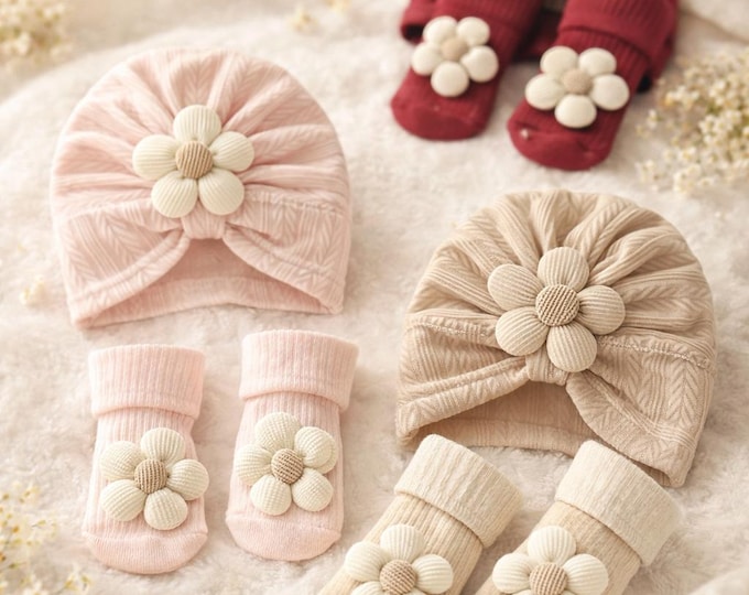Featured listing image: Baby Headband and Socks Set, Flower Infant Turban,  Baby Newborn Gift, Baby Shower Set, Baby Girl Set, Flowers Baby Sommer Set