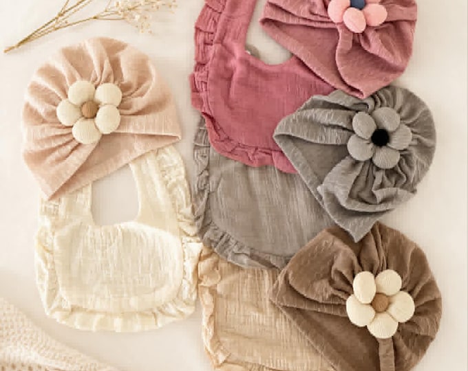Featured listing image: Baby Girl Turban Hat with Flower & Matching Bib Set - Romantic Floral Infant Set - Ear Protection Beanie - Newborn Gift Set - Toddler Wrap