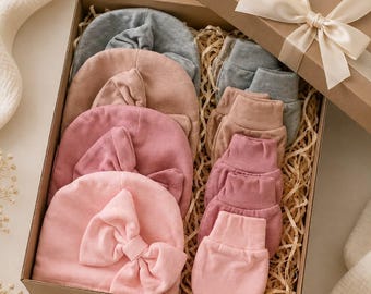 Newborn Baby Girl Hat and Mittens Set-Fall Baby Beanie with Large Bow,Soft Infant Accessories, Baby Shower Gift,Coming Home Outfit, 4 Colors