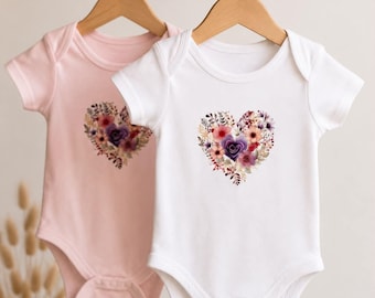 Floral Heart Baby Bodysuit - Personalized Flower Heart Onesie, Newborn Girl Gift, Boho Baby Shower Gift, Custom Infant Outfit, Baby Gift