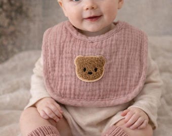 Baby Bib and Knitted Booties Set with Bear, Autumn baby gear, Baby girl and boy gift Baby shower newborn gift set knitted baby booties