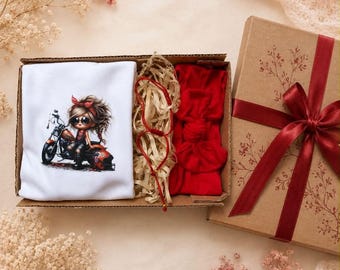 Baby Girl Biker Gift Box - Red Headband & Bodysuit Set - Free Protection Bracelet - Newborn Baby Shower Gift - Cute Rider Girl Outfit
