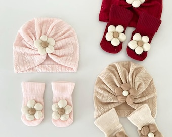 Baby Headband and Socks Set, Flower Infant Turban,  Baby Newborn Gift, Baby Shower Set, Baby Girl Set, Flowers Baby Sommer Set