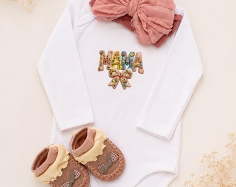 Baby Girl Gift Set - Mama Bodysuit, Bow Headband & Non-slip Slippers - Free Gift Box - Newborn Baby Shower Birthday Gift - Custom Sleeve