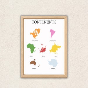 Puede incluir: Una lámina educativa enmarcada titulada CONTINENTS que muestra siete siluetas coloridas de los continentes. Norteamérica es naranja, Sudamérica es rosa, África es verde, Europa es roja, Asia es amarilla, Australia es marrón y la Antártida es azul claro.