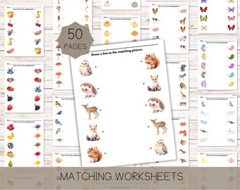Matching Worksheets Bundle | 50 Pages Preschool Matching Activities | Printable Kindergarten & Busy Book Worksheets