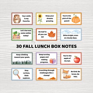 May include: A collection of 30 autumn lunch box notes featuring rectangular cards with colourful borders, watercolour illustrations of hedgehogs, sunflowers, pumpkins, leaves, clouds, trees, books, apples, magnifying glasses, and foxes with motivational text.