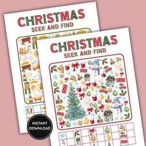 May include: Two white activity sheets titled CHRISTMAS SEEK AND FIND in red and green text. The sheets feature colorful watercolor illustrations of Christmas trees, snowmen, gifts, bells, and ornaments, with a grid at the bottom for tracking.